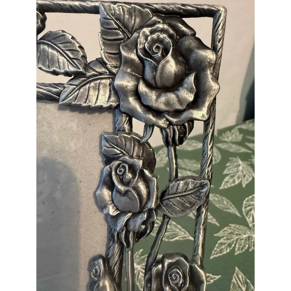 Vintage Style Pewter Tone Rose Floral 5x7 Picture Frame Ornate 3D Metal Silver